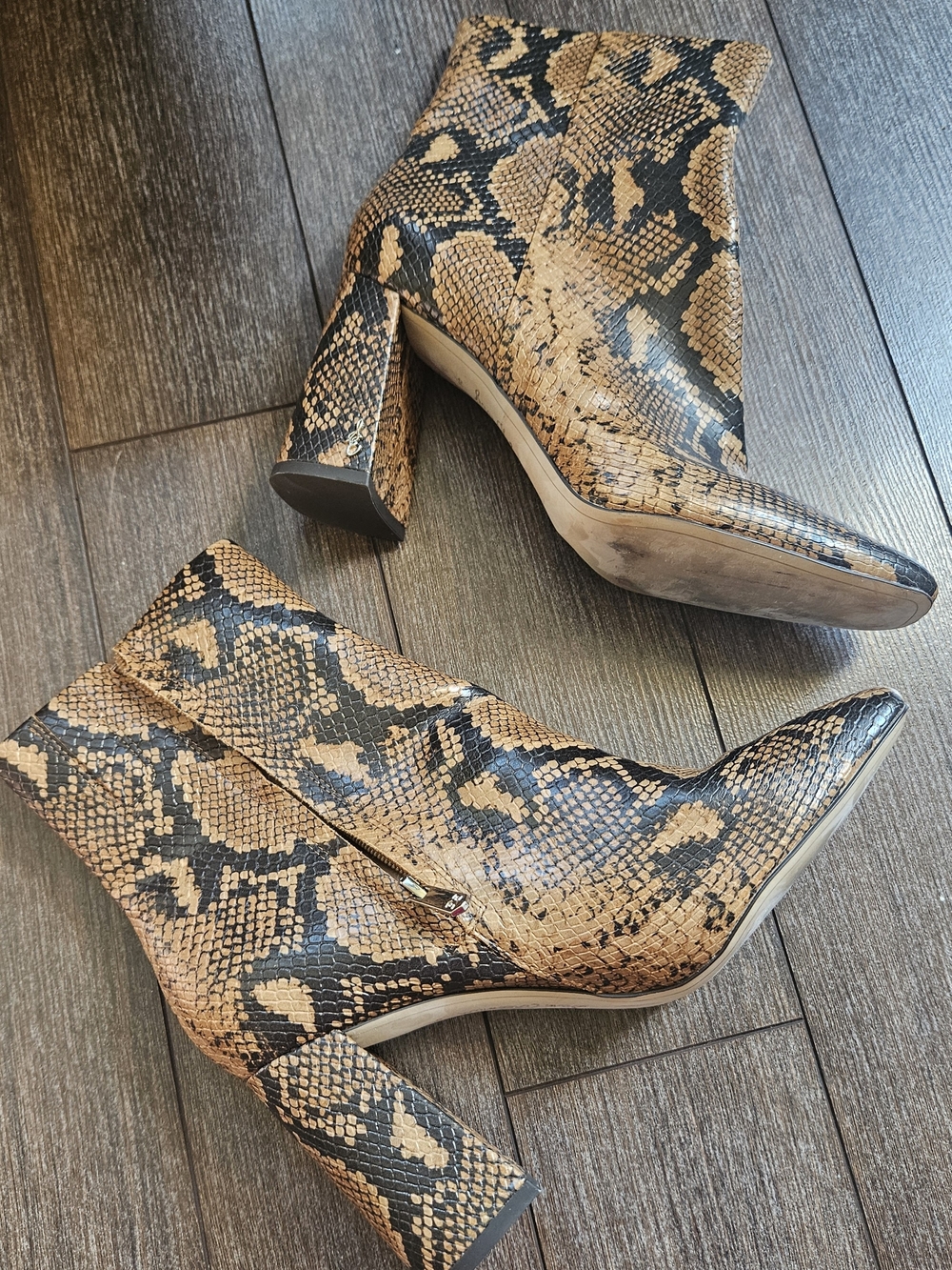 Sam Edelmen Snake-Print Block Heel Ankle Boots - Tan/Black